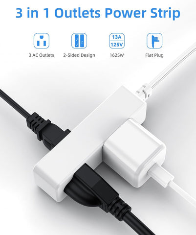 Flat Plug Extension Cord with 3 Outlets - 1 ft White Low Profile Indoor 3 Prong Grounded Power Strip for Home Office & Travel - 16/3 AWG, 13A/1625W
