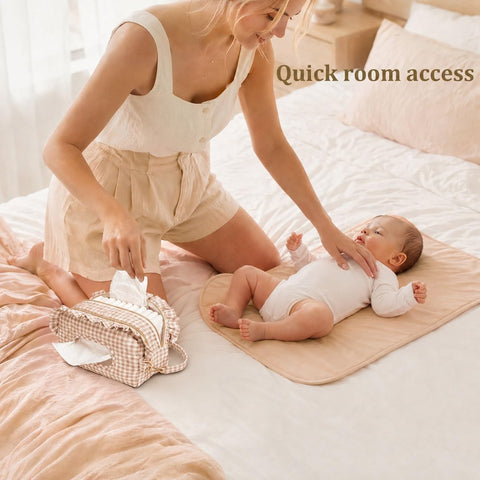 Double-Layer Wipe Holder Quilted Wipes Bag Small Hanging Diaper Bag Portable Wipe Pouch for Stroller, Home, Travel (Brown Plaid)