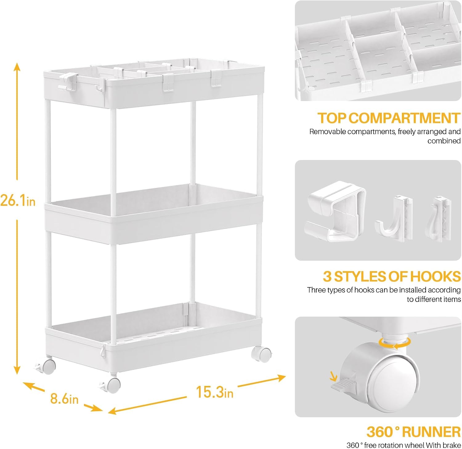 SPACELEAD 3 Tier Rolling Cart with Wheels, Storage Craft Art Trolley Organizer Serving, 3 Hanging Baskets Easy Assembly, for Office, Bathroom，Living Room, Kitchen, White
