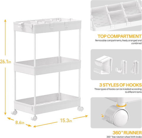 SPACELEAD 3 Tier Rolling Cart with Wheels, Storage Craft Art Trolley Organizer Serving, 3 Hanging Baskets Easy Assembly, for Office, Bathroom，Living Room, Kitchen, White
