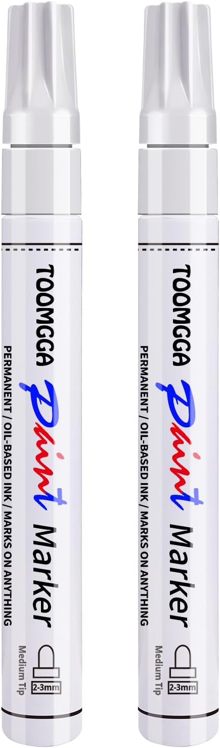 TOOMGGA 2 White Paint Pens Permanent Paint Markers, Oil Based Medium Tip