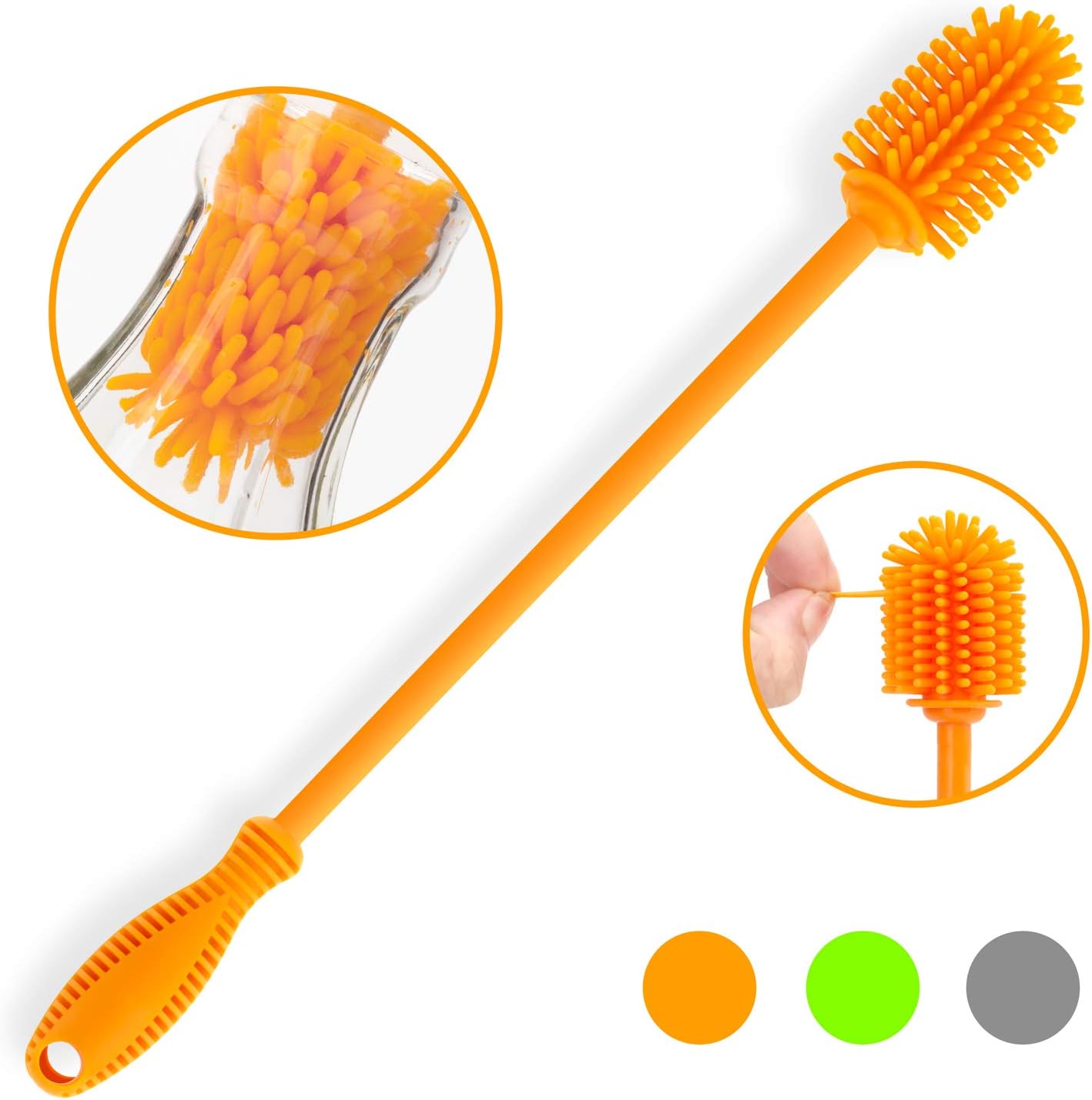 Silicone Bottle Brush with Long Handle, 12.5" Bottle Cleaning Brush, Orange