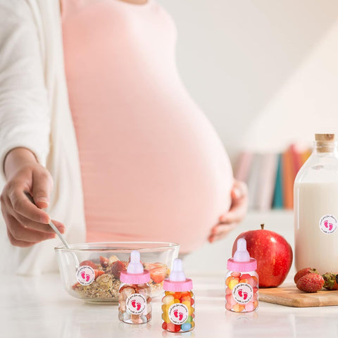 62 Pcs 3.5 Inch Baby Mini Milk Bottle Baby Shower Favor with 500 Adhesive Thank You for Showering Stickers, Small Plastic Candy Bottle DIY Gift for Boy Girl Newborn Baptism Party Decor (Pink)