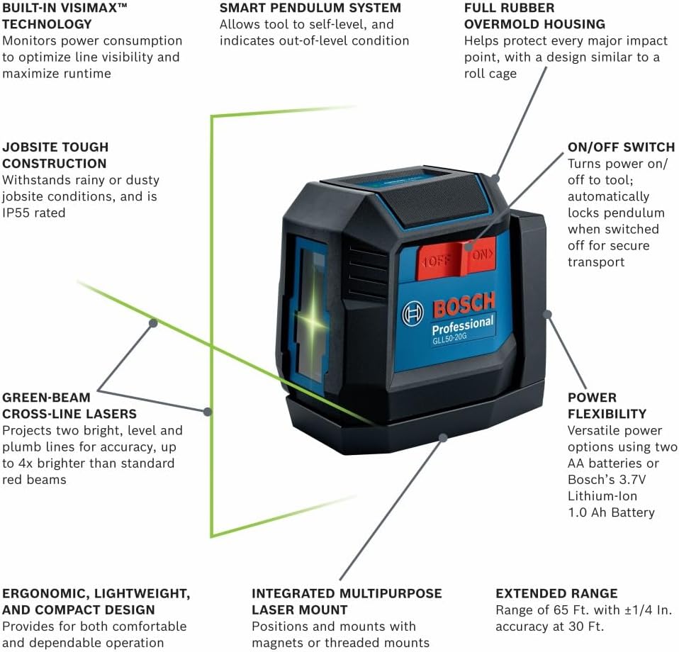 BOSCH GLL50-20G 50 Ft Green-Beam Self-Leveling Cross-Line Laser Level