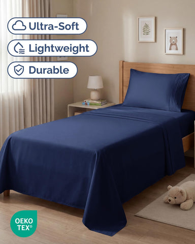 Twin Size 3 Piece Sheet Set - Comfy Breathable & Cooling Sheets - Navy Blue