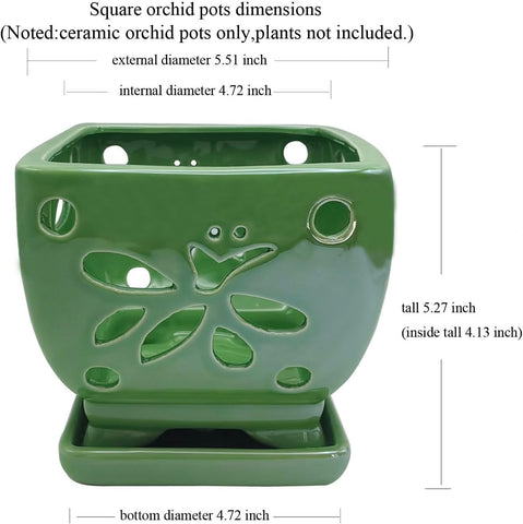 Orchid Pots with Holes Ceramic Orchid Planter Pots Square 5.5 inch (Green)