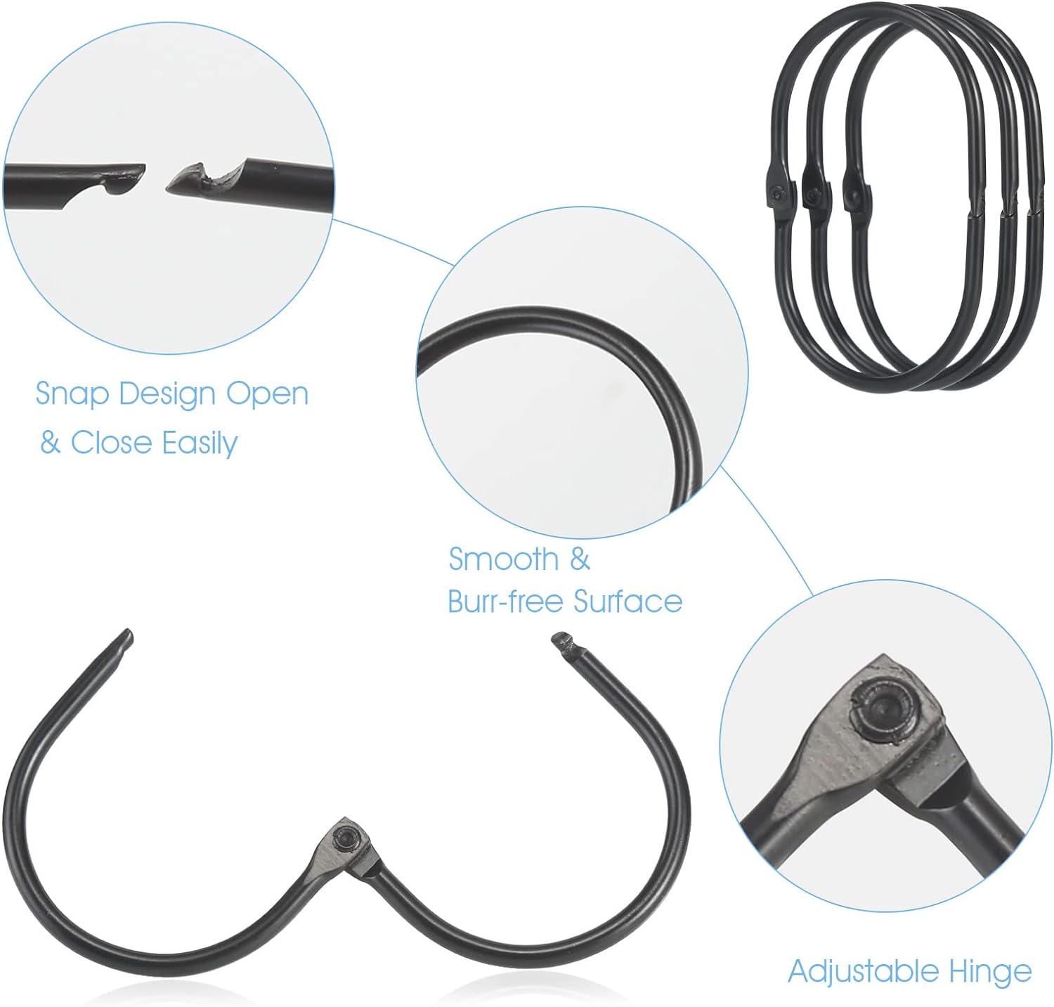 Goowin Shower Curtain Rings, Metal Black Shower Curtain Hooks, Oval Snap Shower Rings for Curtain, Shower Curtain Rings Rust Proof, Glide Smoothly Shower Hooks for Shower Curtain Rod (Black)
