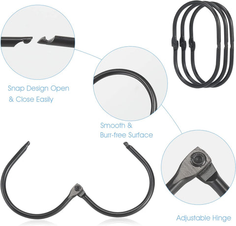 Goowin Shower Curtain Rings, Metal Black Shower Curtain Hooks, Oval Snap Shower Rings for Curtain, Shower Curtain Rings Rust Proof, Glide Smoothly Shower Hooks for Shower Curtain Rod (Black)