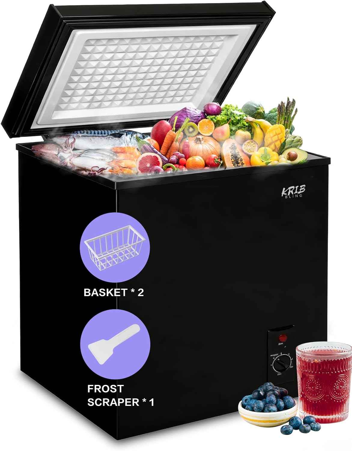 KRIB BLING Compact Chest Freezer with Removable Basket, 7.0 Cu.ft Top Door Open Freestanding Deep Freezer with 7 Gears Temperature Adjustment, Ideal for Home, Kitchen & Office, Black