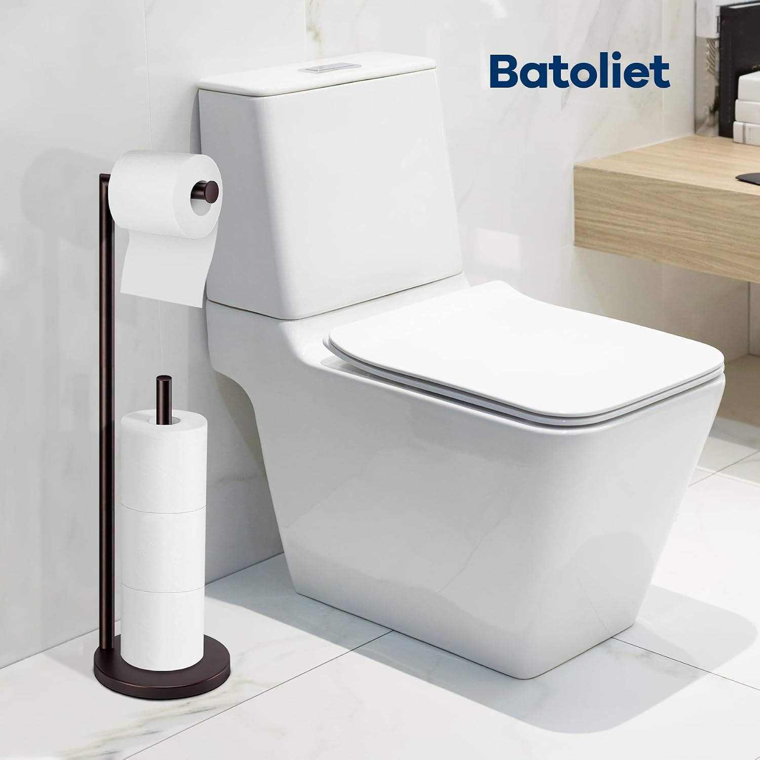 Toilet Paper Holder Stand, Bathroom Free Standing with Storage, Bronze