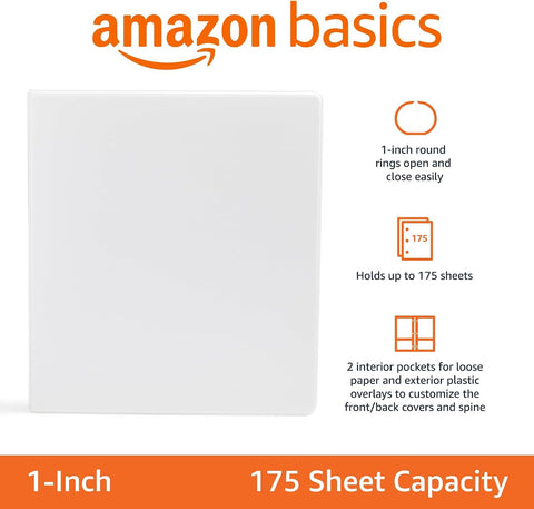 Amazon Basics 3-Ring Binder, 1-Inch, Customizable, with Pockets for Organization, White, 1-Pack