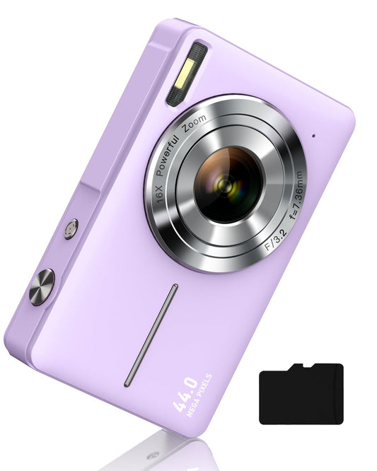 Digital Camera, FHD 1080P Kids Camera 44MP Point and Shoot Digital Cameras with 32GB Memory Card, 16X Zoom, Two Batteries, Lanyard, Compact Small Camera Gift for Kids Boys Girls Students, Purple