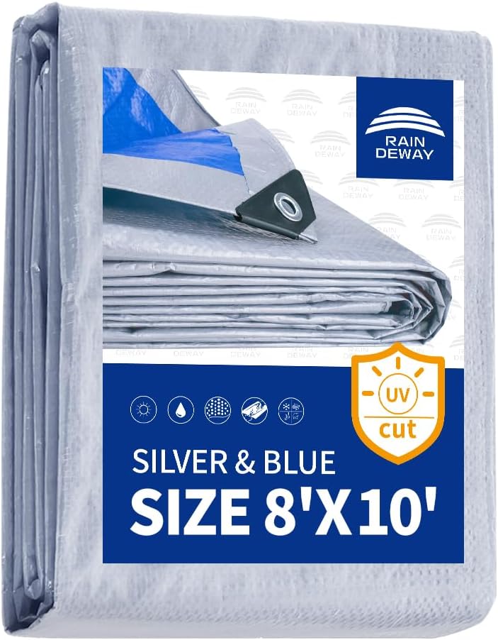 RAINDEWAY Tarps 8x10Ft 5.5 Mil Multipurpose Waterproof Poly Tarp Cover