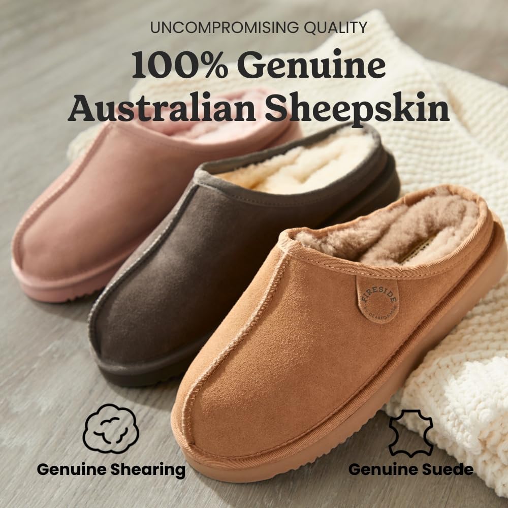 Fireside by Dearfoams Women’s Greta Genuine Shearling Clog Slippers, 100% Natural Suede Clogs for Outdoor & Indoor