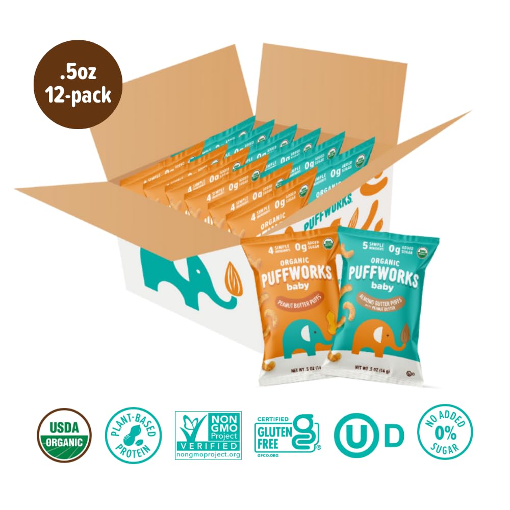 Puffworks Organic Baby Peanut & Almond Puffs Variety Pack, 0.5 oz, 12 Pack