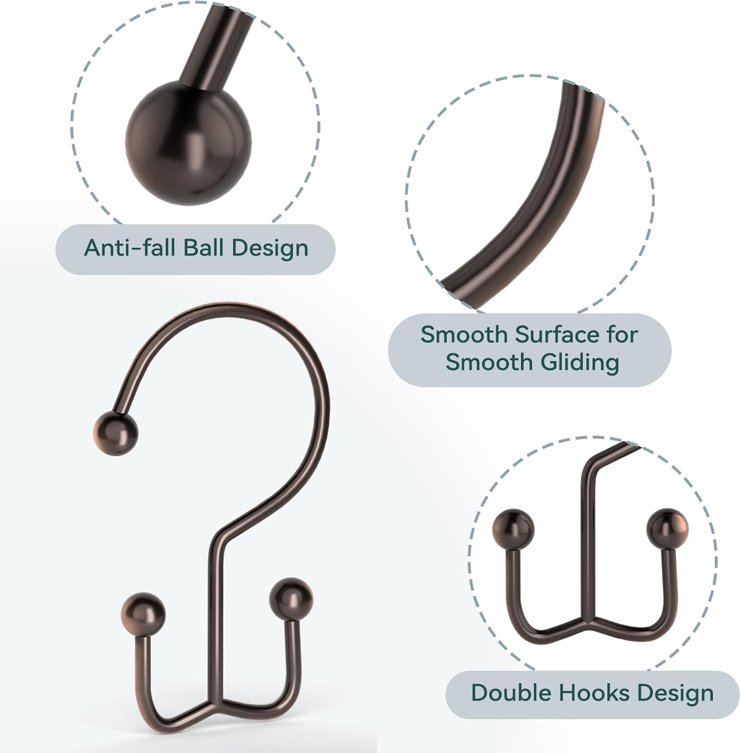 Goowin Shower Curtain Hooks, 12 Pcs Shower Curtain Rings, Durable Shower Curtain Rings Rust Proof, Double Glide Shower Rings for Curtain, Simple Shower Hooks for Shower Curtain & Liner, Bronze