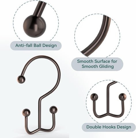 Goowin Shower Curtain Hooks, 12 Pcs Shower Curtain Rings, Durable Shower Curtain Rings Rust Proof, Double Glide Shower Rings for Curtain, Simple Shower Hooks for Shower Curtain & Liner, Bronze