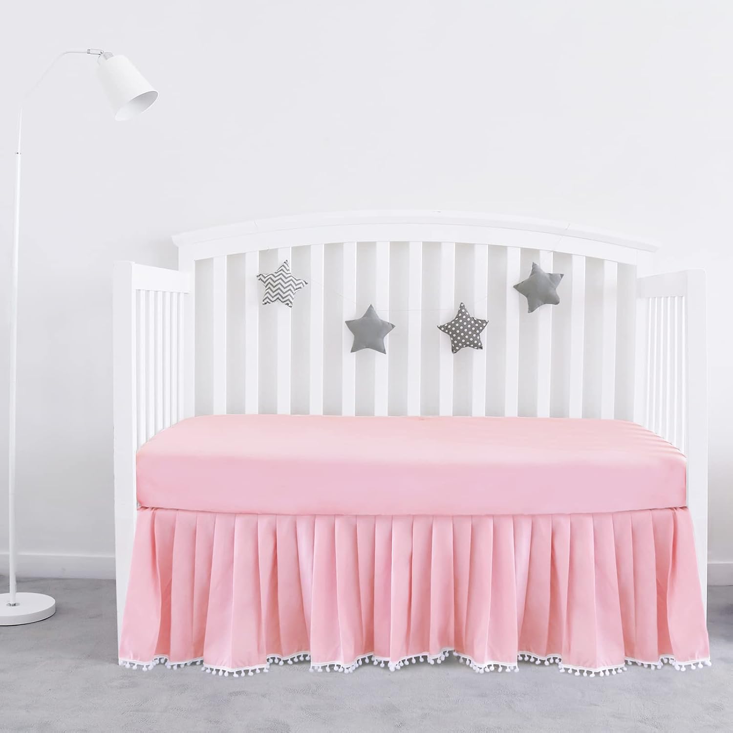 Crib Skirt with Pompoms Pink, 14" Drop, Fits Standard Crib
