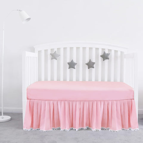 Crib Skirt with Pompoms Pink, 14" Drop, Fits Standard Crib