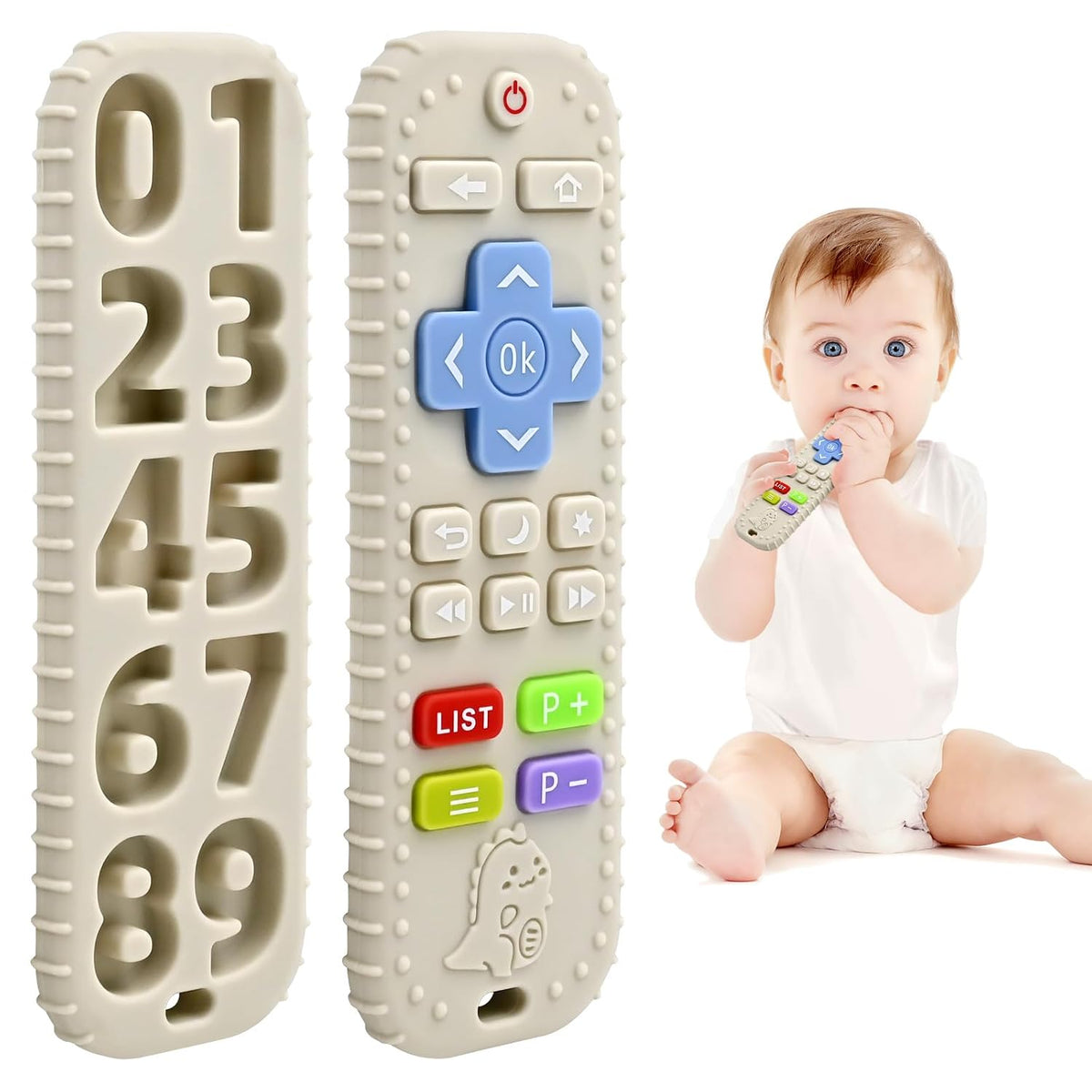 Teething Relief Teethers Toys for Babies 3-6-12 Months Gifts, Food Grade Silicone Sensory Remote Control Baby Teether Bath Toys for 9 18 Months Infant Boy Girl Autism, Beige