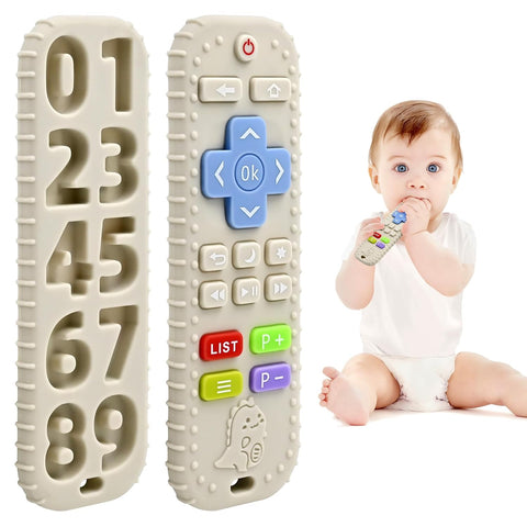 Teething Relief Teethers Toys for Babies 3-6-12 Months Gifts, Food Grade Silicone Sensory Remote Control Baby Teether Bath Toys for 9 18 Months Infant Boy Girl Autism, Beige