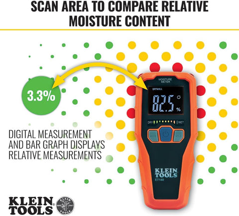 Klein Tools ET140 Pinless Moisture Meter for Non-Destructive Moisture Detection in Drywall, Wood, and Masonry; Detects up to 3/4-Inch Below Surface