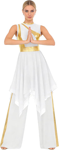 Women Praise Dance Outfit Metallic Block Asymmetric Overlay Dress + Pants Worship Liturgical Lyrical Costume