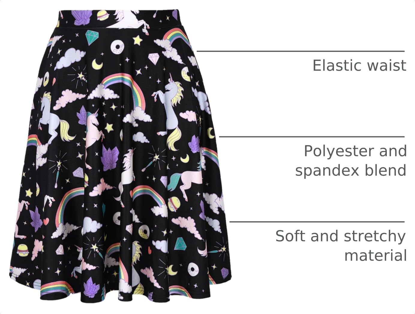 HDE Skirts for Women - Midi Skirt Skater Skirt Knee Length High Waist Fun Prints