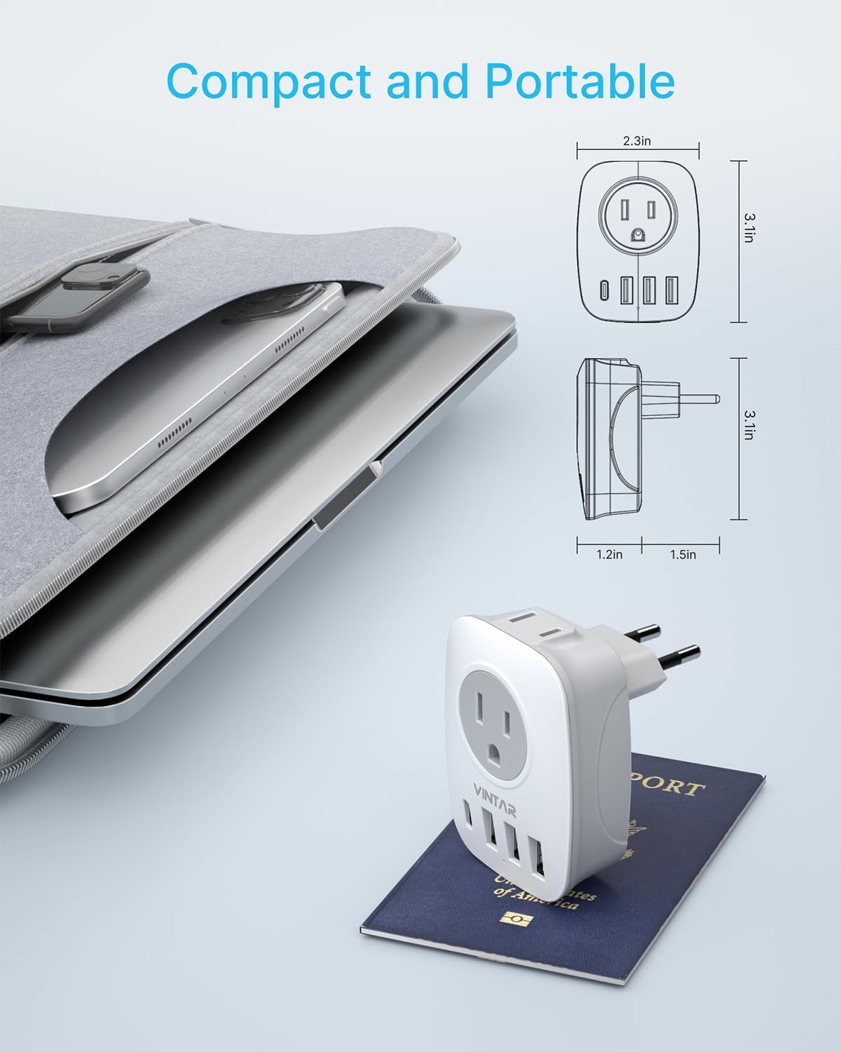 VINTAR 2 Pack European Travel Plug Adapter, Type C Adapter with USB C