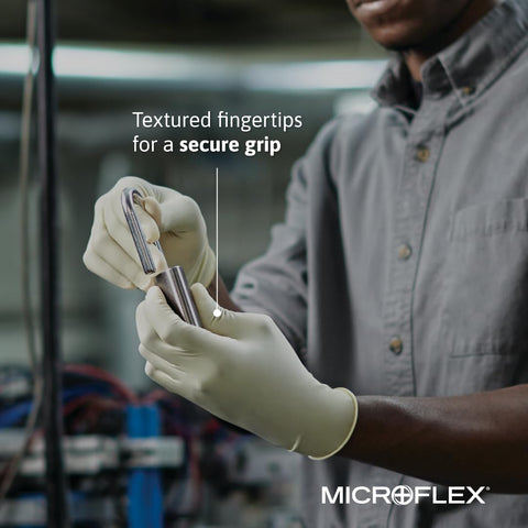 Ansell MICROFLEX Diamond Grip MF-300 Disposable Latex Gloves for Automotive, Healthcare, Machinery Industries - Med, Natural (Box of 100)