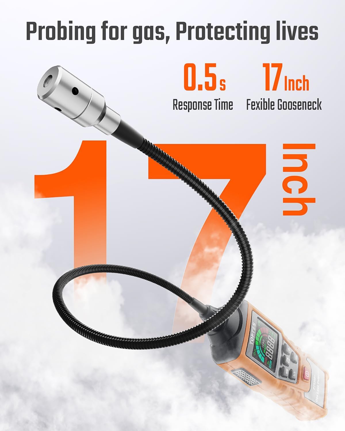 Rechargeable Gas Leak Detector, PT520B+ Natural Gas Leak Detector with a 17-inch Probe to Situate Gas Leaks for Propane, Natural Gas, Methane, LPG in RV or Home, Measuring PPM or%LEL - Orange