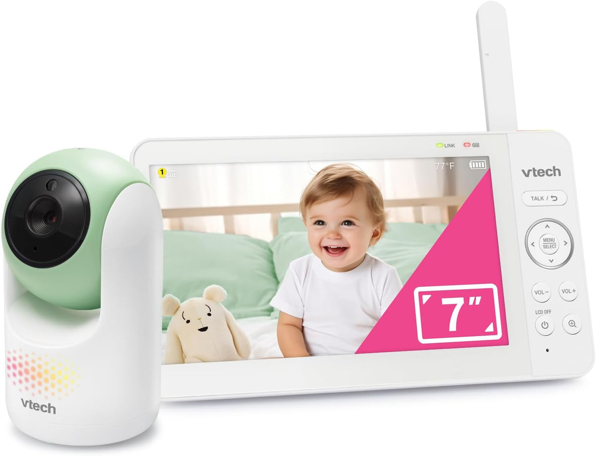 VTech Baby Monitor No WiFi, 7" IPS Screen, 5000mAh 12Hr Battery, 360° Pan Tilt Zoom, Night Vision, Multi-Color Night Light, 2-Way Talk| Advanced Max Green