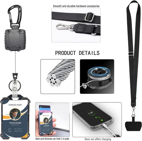 Badge Holder Retractable Clip Heavy Duty Carabiner Badge Reel Keychain with Lanyard ID Cards Holder Cool Tactical ID Holder