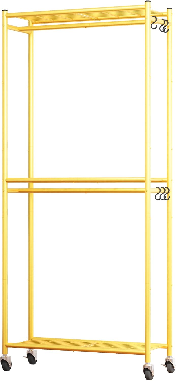 Sakugi Clothes Rack - 33.0" x 12.2" x 79.5" Clothing Rack with Shelves & Wheels, Multi-Functional Wardrobe Closet with Hooks, Sturdy Metal Garment Rack for Bedroom, Laundry, Balcony (Gold)