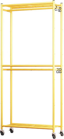 Sakugi Clothes Rack - 33.0" x 12.2" x 79.5" Clothing Rack with Shelves & Wheels, Multi-Functional Wardrobe Closet with Hooks, Sturdy Metal Garment Rack for Bedroom, Laundry, Balcony (Gold)