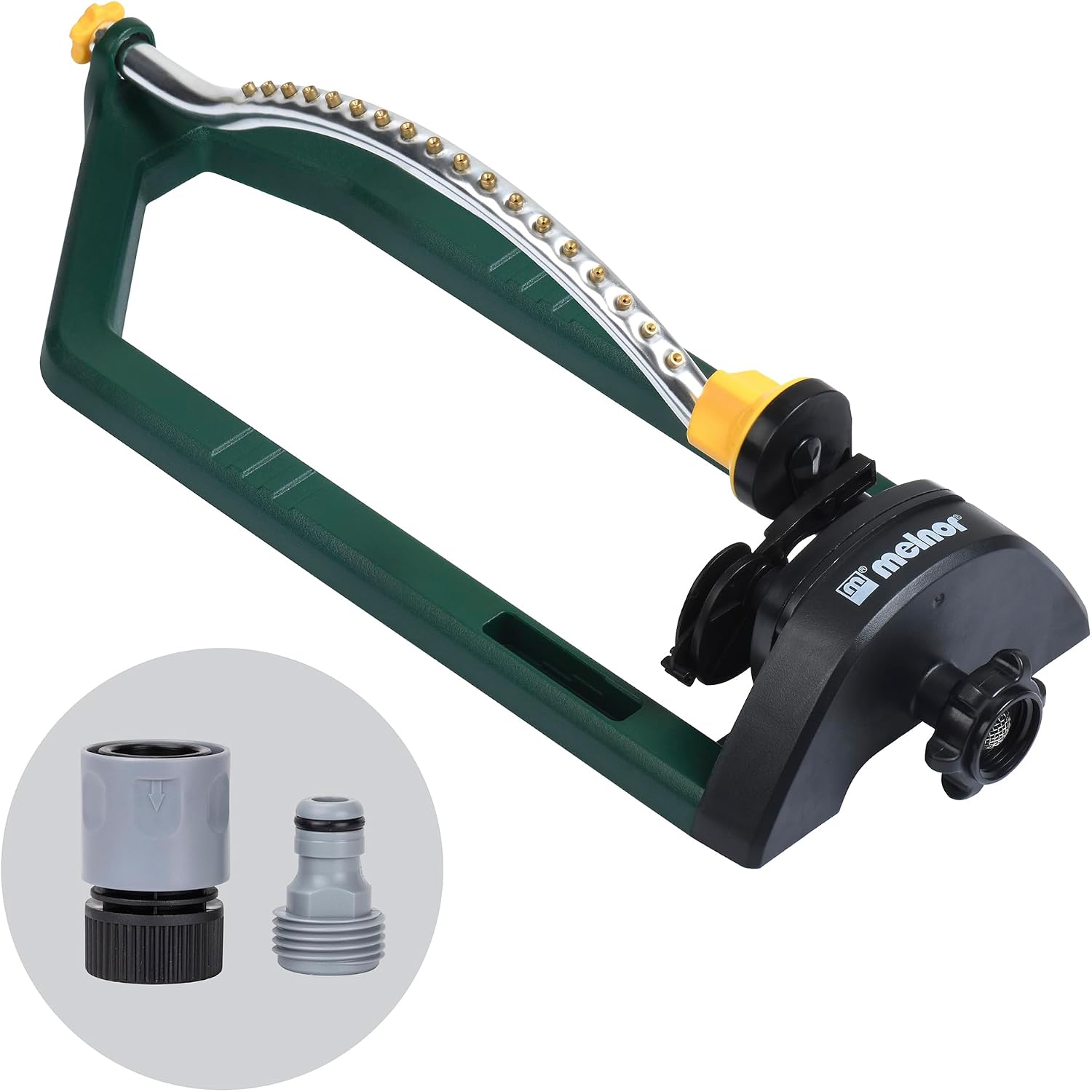 Melnor 65149AMZ Oscillating Sprinkler, 18 Precision Brass Nozzles, Adjustable Coverage, Waters Up to 3,400 Sq. Ft., Quick Connect Bundle, Green, Yellow