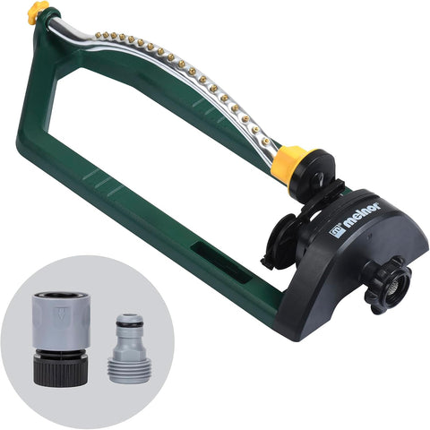 Melnor 65149AMZ Oscillating Sprinkler, 18 Precision Brass Nozzles, Adjustable Coverage, Waters Up to 3,400 Sq. Ft., Quick Connect Bundle, Green, Yellow