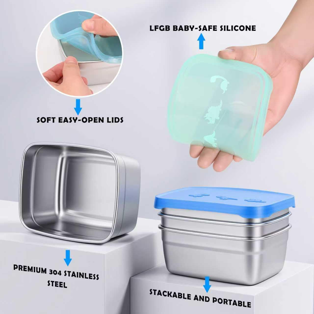 Tanjiae 3-Pack Stainless Steel Snack Containers for Kids & Toddlers - 550ml (18oz) Leakproof Colorful Lids with Cute Dinosaurs | LFGB Certified, Stackable Metal Lunch Box for Daycare, School, Travel