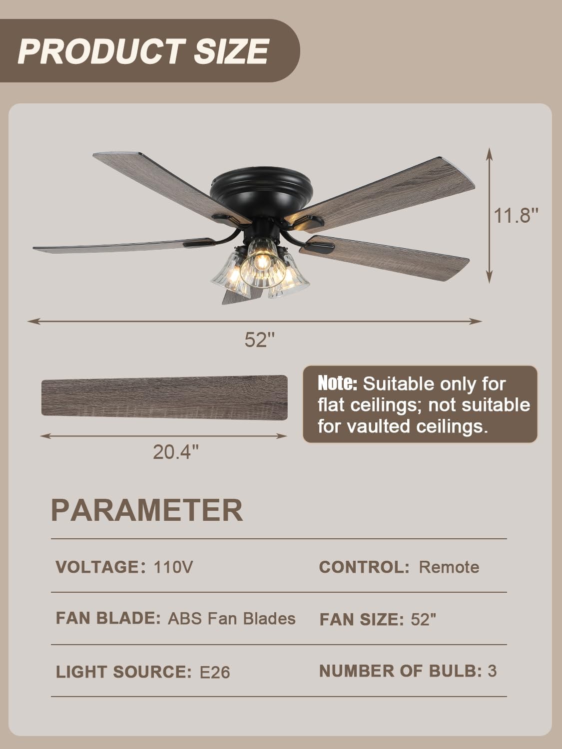 52 Inch Flush Mount Farmhouse Ceiling Fans with Lights and Remote Control
