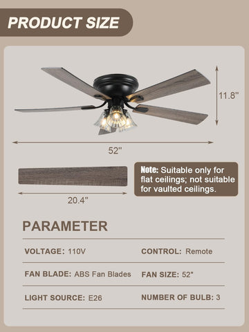 52 Inch Flush Mount Farmhouse Ceiling Fans with Lights and Remote Control