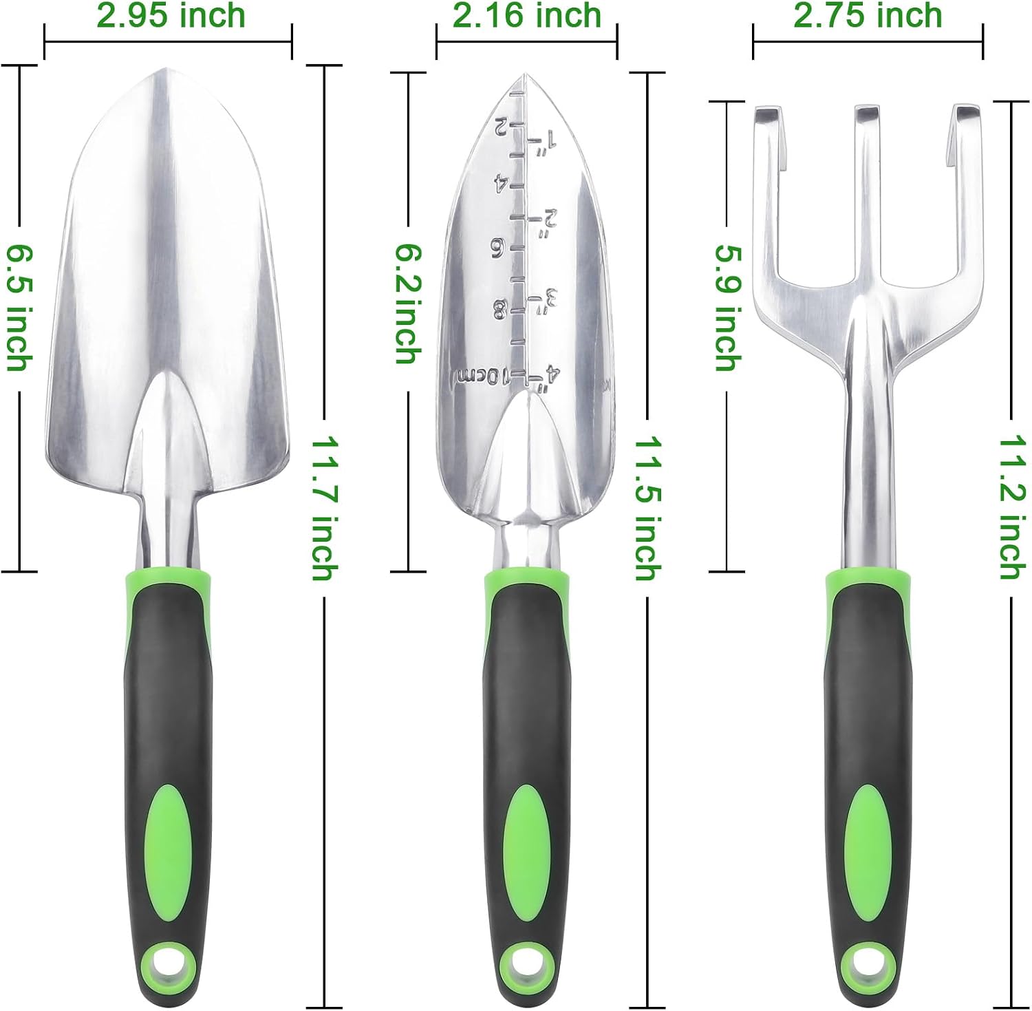 Garden Tools Set, 3 Pack Garden Shovel, Transplant Trowel, Hand Rake Green