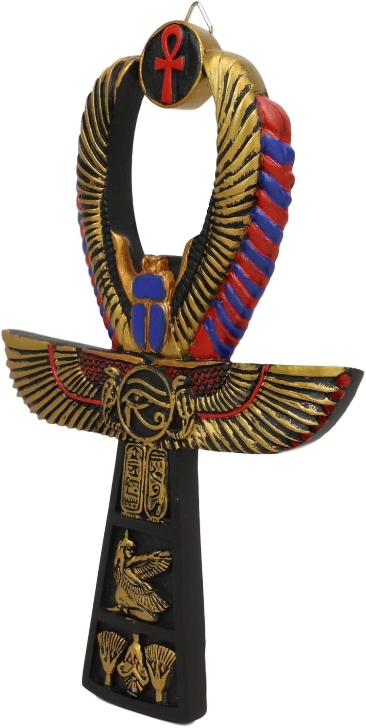 Ebros Crux Ansata Egyptian Golden Ankh With Winged Scarab Maat And Eye Of Horus Wedjat Wall Decor 3D Plaque Figurine 8" High New Age Hieroglyphs Symbol of Life Health And Balance Decorative Accent
