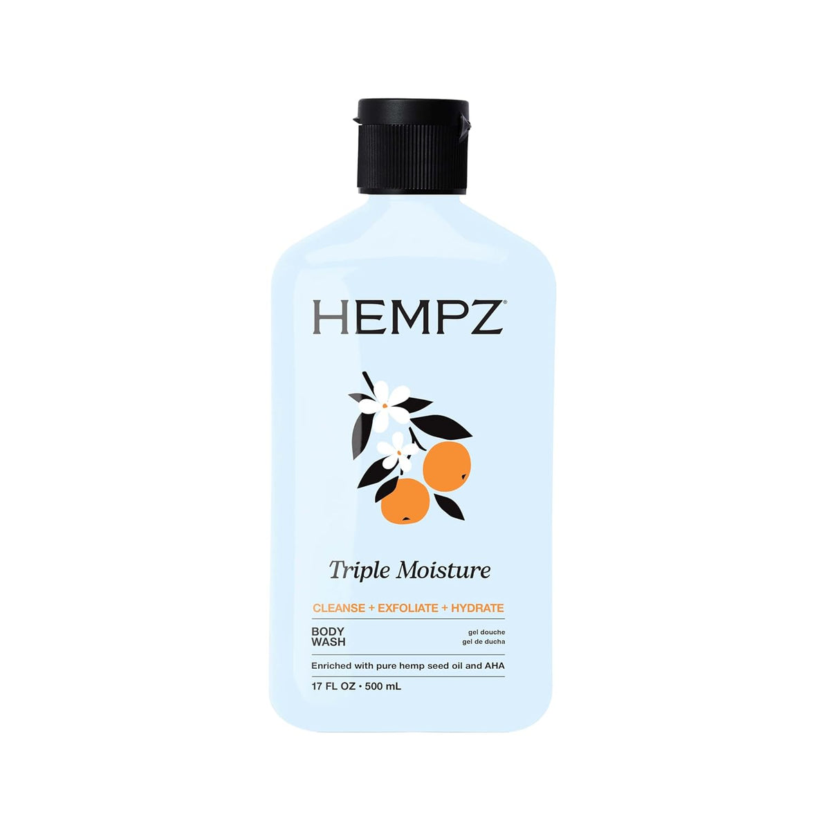 Hempz Triple Moisture Body Wash - Grapefruit & Peach - Hydrating for Sensitive Skin, Scented, Exfoliating with Shea Butter, Pure Hemp Seed Oil, and Algae for Sensitive Skin - 17 fl oz