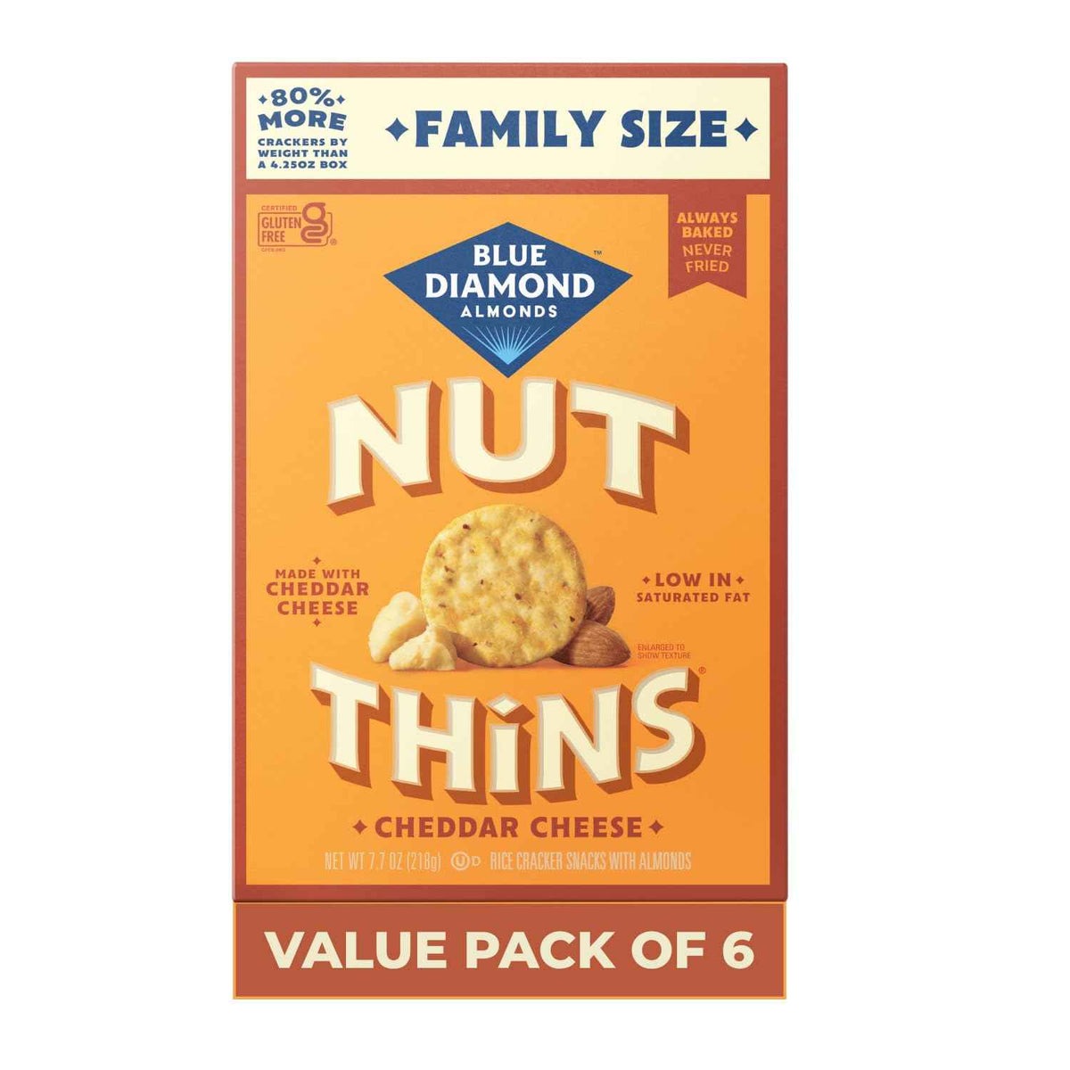 Blue Diamond Almonds Nut-Thins Gluten Free Cracker Crisps, Cheddar Cheese, Family Size, 7.7 oz (Pack of 6)