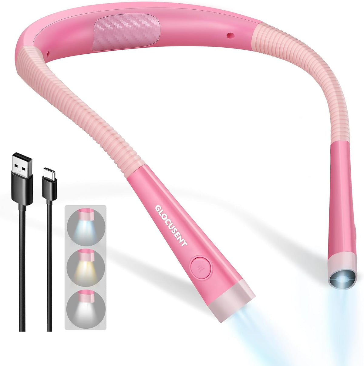 Glocusent Reading Light,Pink Neck Light,80-hr Rechargeable Book Light