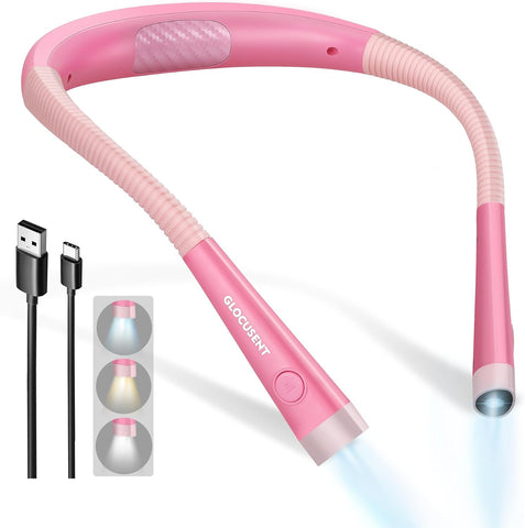 Glocusent Reading Light,Pink Neck Light,80-hr Rechargeable Book Light