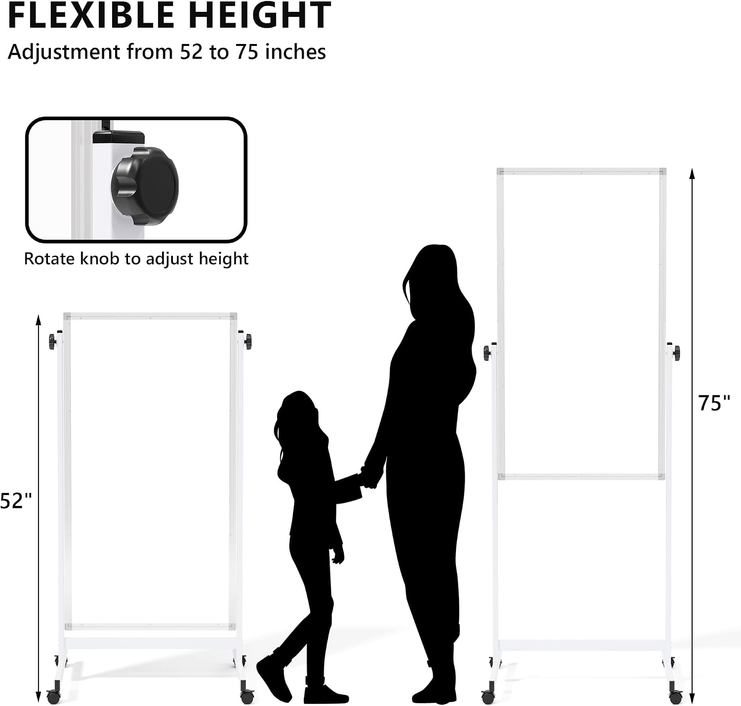 Large Rolling Whiteboard on Wheels, 48" x 24" Height Adjustable Mobile White Board with Stand, 4' x 2' Portable Standing Magnetic Dry Erase Board Easel for Home Office Classroom School, Silver