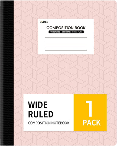 SUNEE Composition Notebook, Wide Ruled Paper, Home School Supplies for College Students & K-12, 9-3/4" x 7-1/2", 80 Sheets/160 Pages, Pink