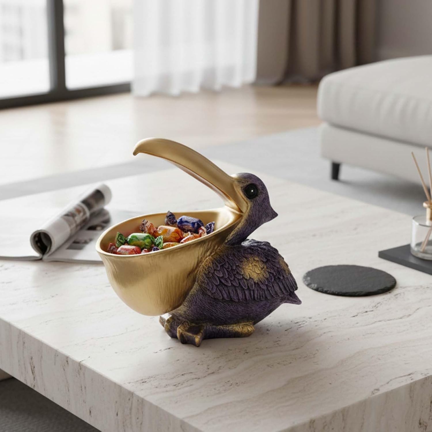 Pelican Key Holder Statues,Fun Animal Hippo Candy Dish,Candy Dish for Office Desk Unique,Modern Key Holder for Pelican Figurine,Suitability Desk bowl and Entry Table Decor Item (Purple Gold)