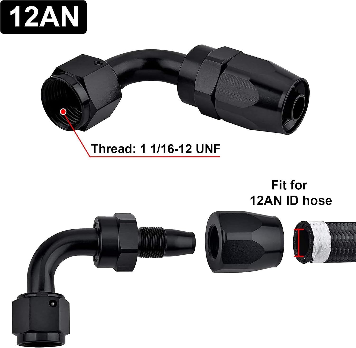 EVIL ENERGY 12AN Hose End Fitting 90 Degree Swivel for CPE Braided Hose Black 2PCS
